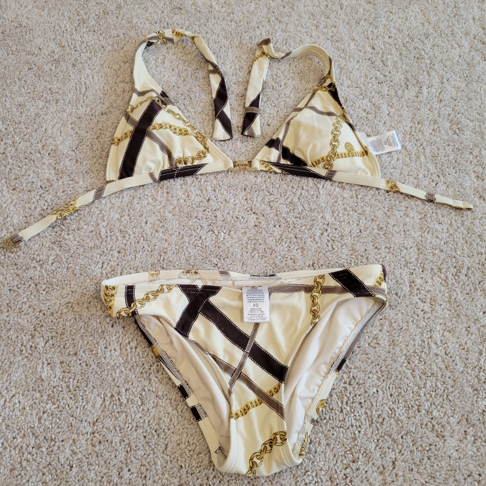 Michael Kors Chain Emblem Bikini Set Top and Bottom Tan Gold XS Extra Small